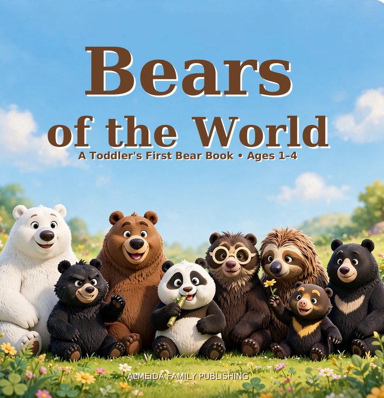 Cover of Bears of the World — eight bears gathered in a sunny meadow