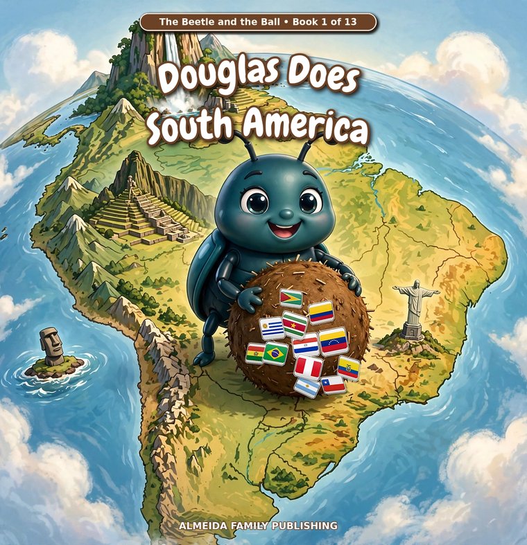 Cover of Douglas Does South America — Douglas the dung beetle with his flag-covered ball above a map of South America